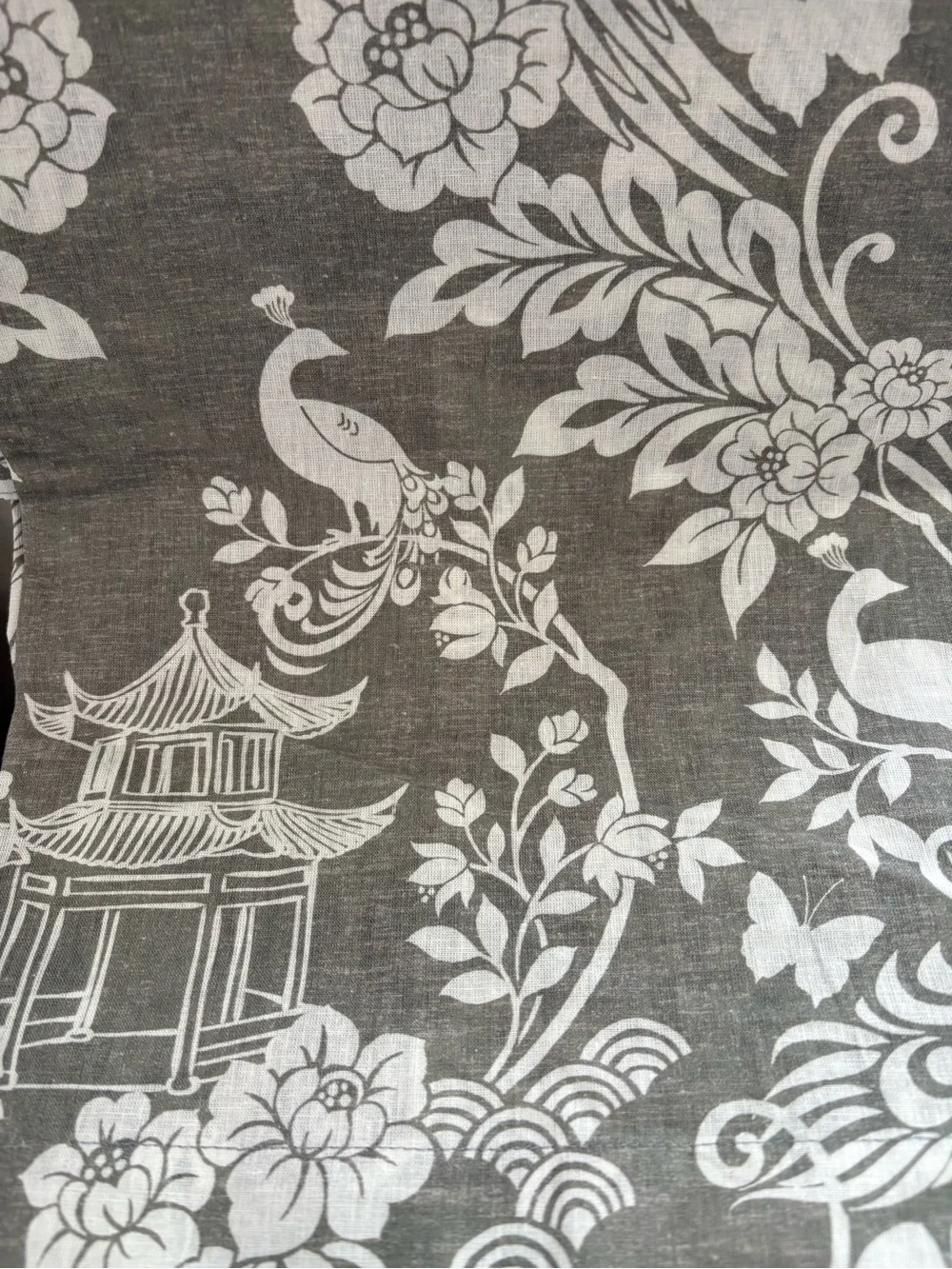 NEW Moss & Willow gray and white chinoiserie bird and pagoda curtains- set of 2
